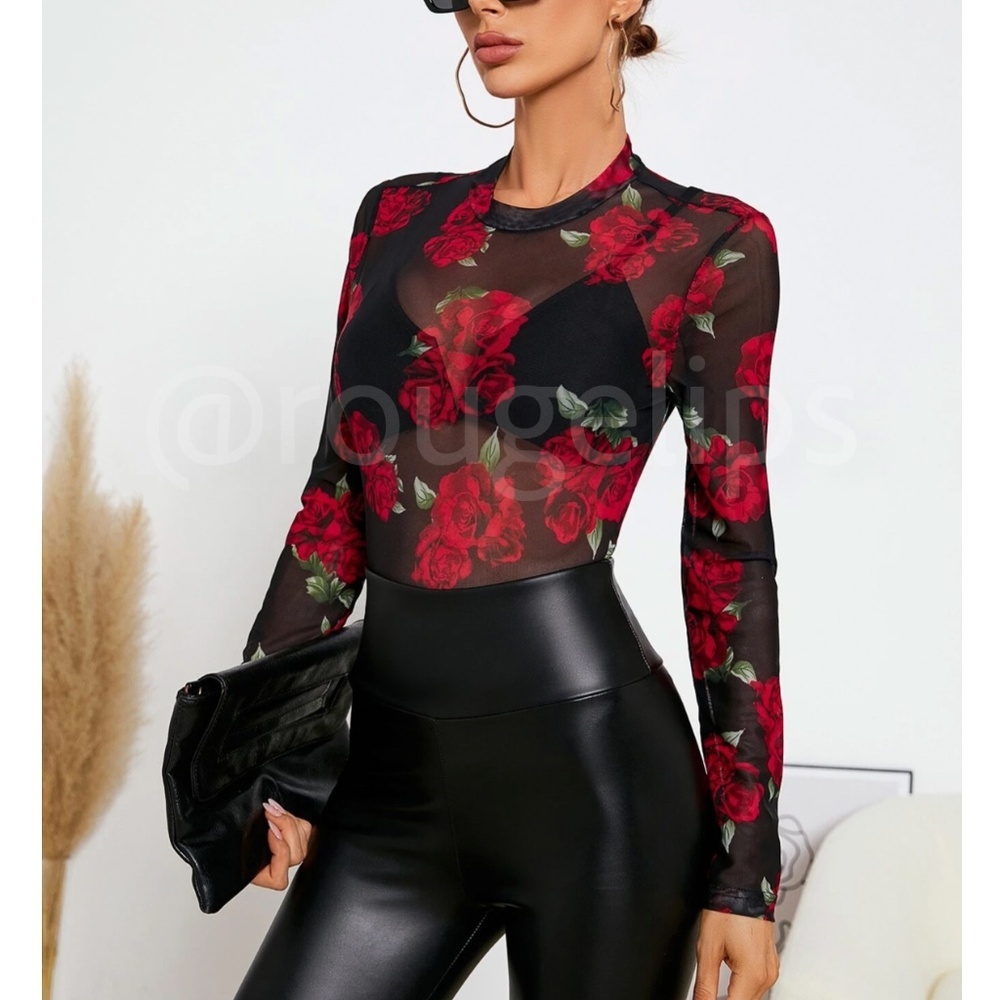 Black Floral Red Roses Print Mesh Sheer Shirt Top Long Sleeve See-Through